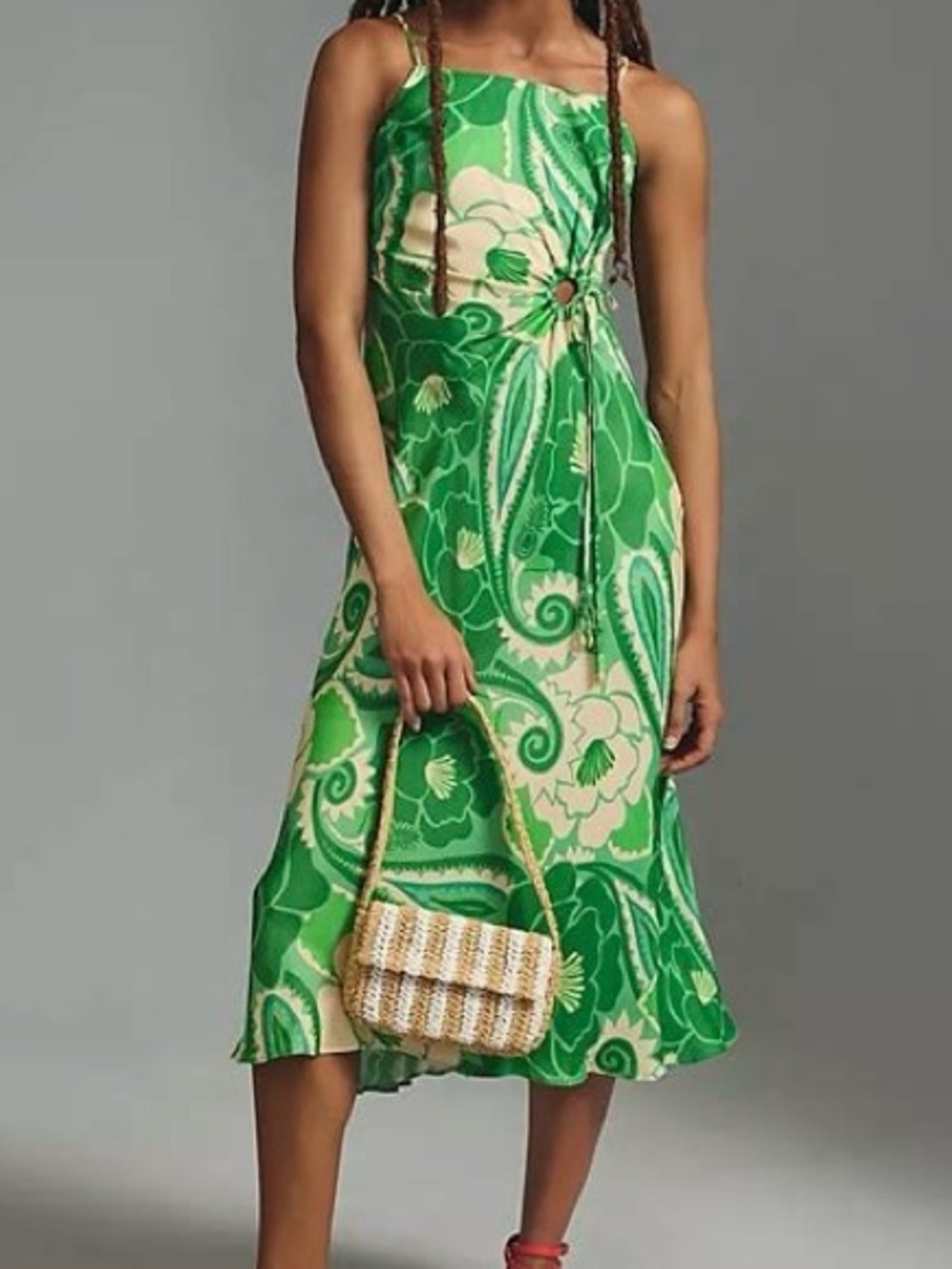FARM Rio Green Floral Ring-Waist Midi Dress